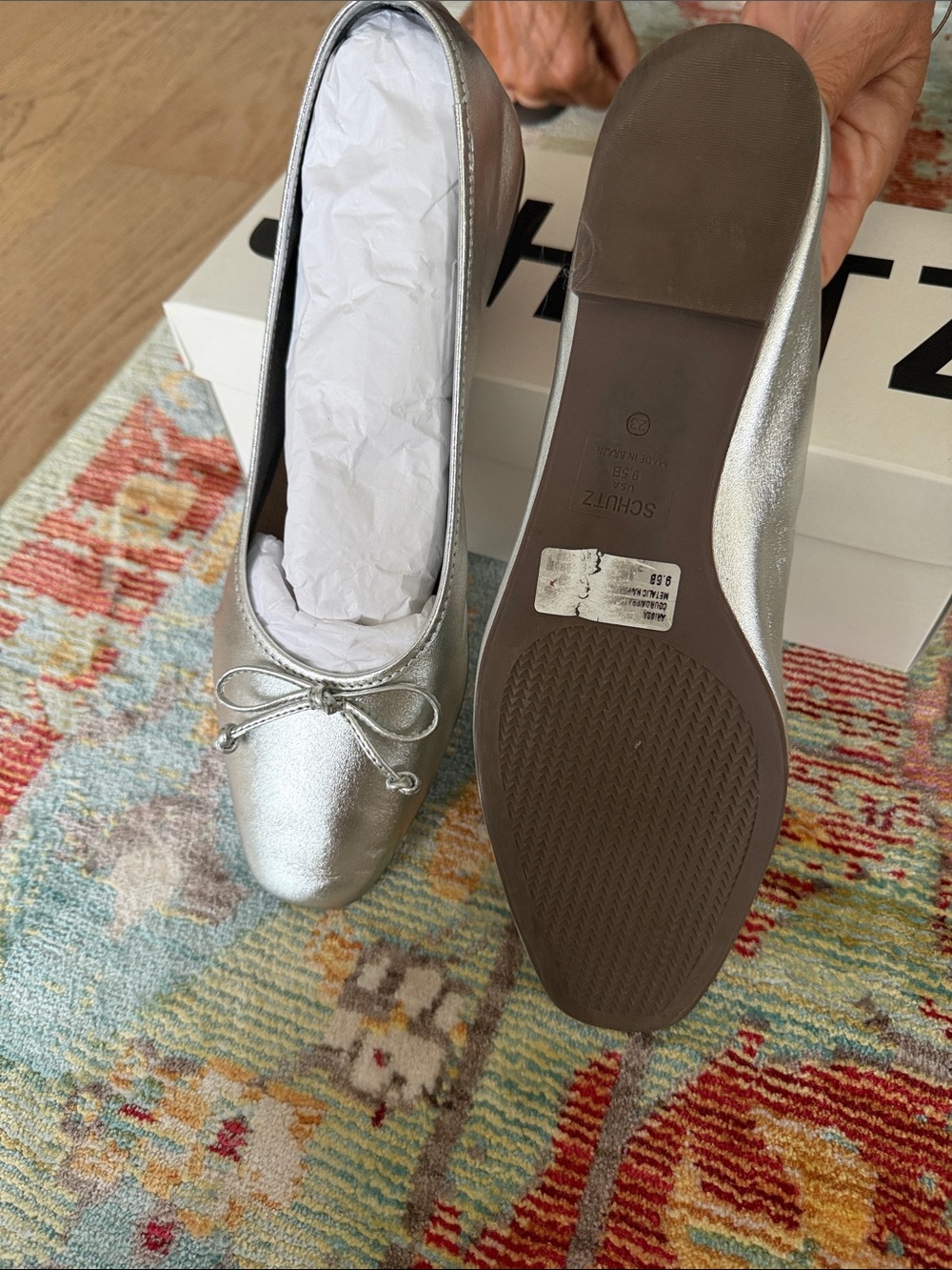 SCHUTZ Silver Metallic Ballet Flats with Bow
